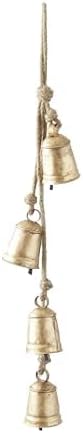 Deco 79 Metal Handmade Tibetan Inspired Decorative Cow Bells with 4 Bells on Jute Hanging Rope, 4" x 3" x 29", Gold