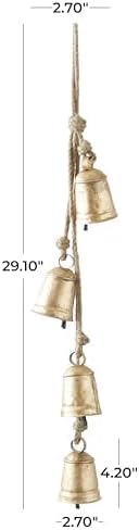 Deco 79 Metal Handmade Tibetan Inspired Decorative Cow Bells with 4 Bells on Jute Hanging Rope, 4" x 3" x 29", Gold
