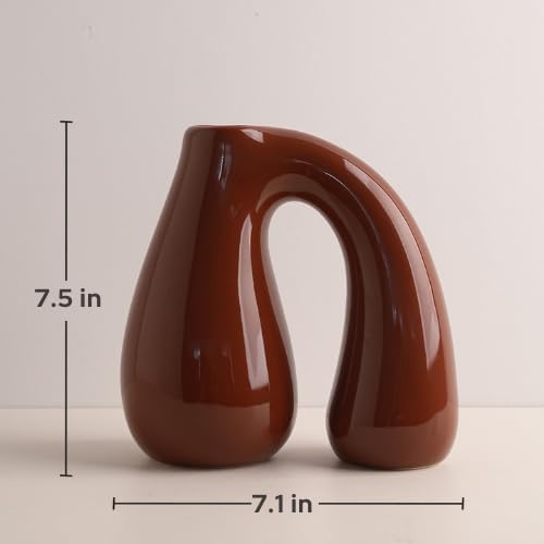 Brown Ceramic Decorative Pitcher Vase, 7.5 in – Glossy Sculptural Arch-Handle, Warm Earth-Tone Home Décor for Fresh or Dried Floral Arrangements, Table/Shelf/Entryway, Giftable