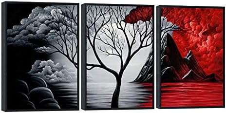 Wieco Art Extra Large Size Framed Canvas Art Prints Wall Art the Cloud Tree Abstract Pictures Paintings for Living Room Home Office Decorations Contemporary Artwork 3 Panels Black Frame