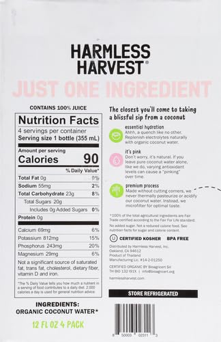 Harmless Harvest Organic Coconut Water, Original, 12 Fl Oz (Pack of 4)