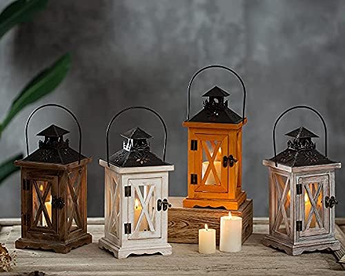 Sziqiqi Farmhouse Lanterns Home Decor Decorative Wood Lantern for Wedding Centerpieces Vintage Brown Candle Lantern for Patio Fireplace Mantel Table Decoration