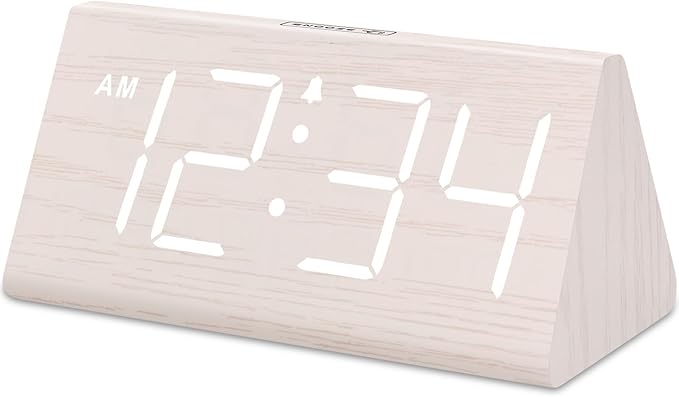DreamSky Wooden Digital Alarm Clock for Bedroom - Living Room Desk Clock with Large Numbers, Bedside Nightstand Clock with USB Port, Adjustable Volume, Dimmer, DST, Office Wood Décor, Adapter Powered