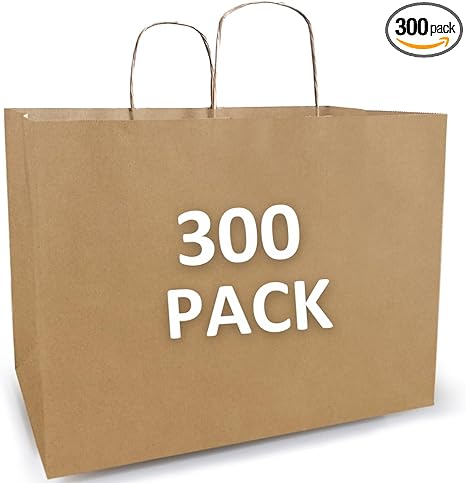 Qutuus Large Kraft Paper Shopping Bags with Handles Bulk - 16x6x12 Inch 300 Pcs Brown Paper Sacks, Kraft Bags for Gift Packaging Small Business Boutiques Retail Stores Grocery Merchandise