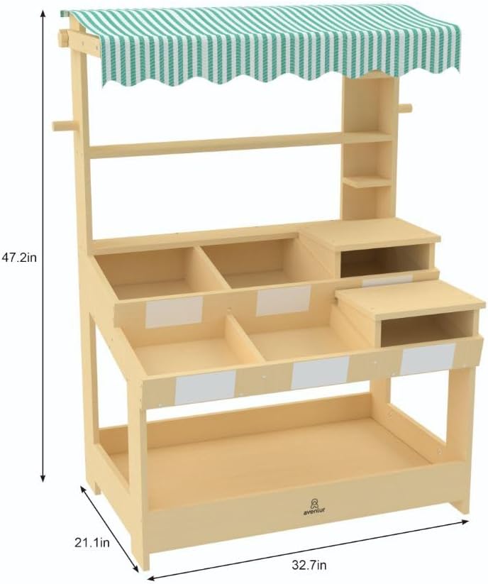 Cypress Wooden Market Stand for Kids - Pretend Play Grocery Store with Awning, Storage Bins, Dry Erase Stickers, Durable Wood Construction, Easy Assembly, Role-Playing Toy