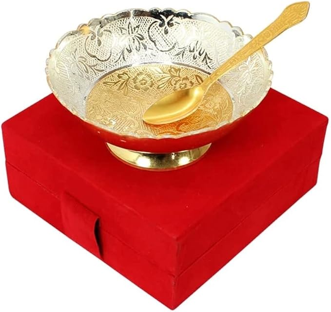 NOBILITY Bowl Spoon Set Dessert Dry Fruits Serving Gold and Silver Plated Diwali Decoration Gift items Christmas Eid Wedding Return Gifts 6 Sets