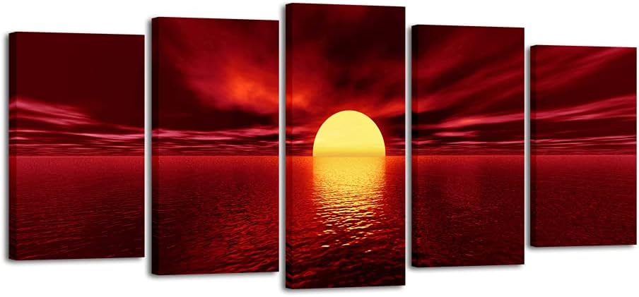 Wieco Art Red Sun Large Modern 5 Panels Seascape Sea Giclee Paintings Canvas Prints Wall Art Gallery Wrapped Pretty Ocean Sunset Pictures Artwork for Kitchen Bathroom Home Office Decoration