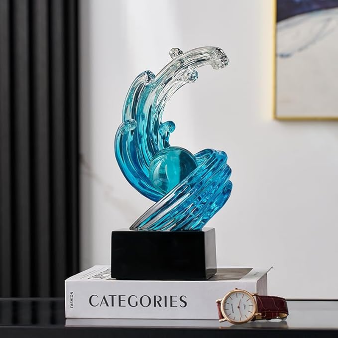 Modern Abstract Decorative Wave Statue, Blue Abstract Art Home Decor,Crystal Ball Art Wave Resin Sculpture, Office Desk Stand, Dining Table Center Decorative Aesthetics(B,Light-Blue)