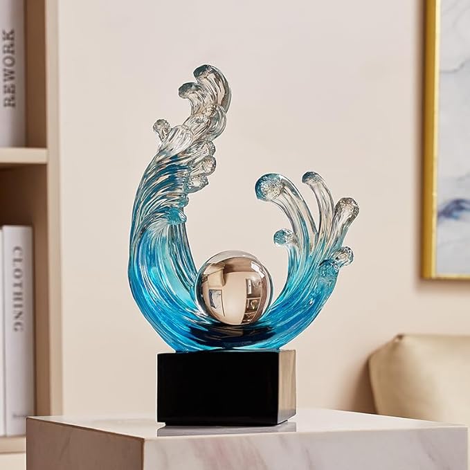 Modern Abstract Decorative Style Statue, Blue Abstract Art Home Decor,Crystal Circular Art Wave Resin Sculpture, Office Desk Stand, Dining Table Center Decorative Aesthetics (A,Light-Blue)