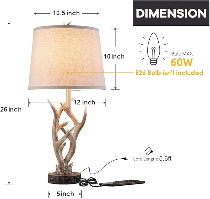 Dungoo Rustic Western Lamp Set of 2 - 26" Farmhouse Table Lamp with 2 USB Ports, Natural Antler Design for Bedroom, Living Room, Office (Rustic Brown)