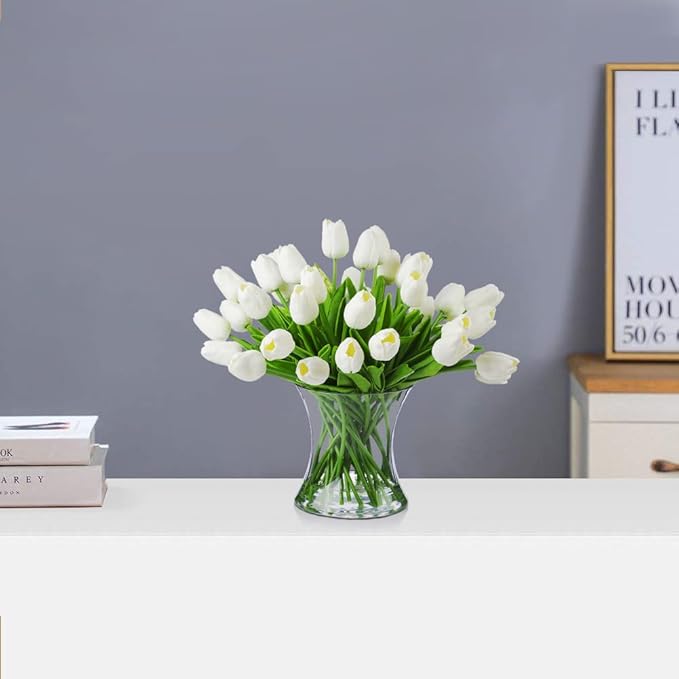 ENOVA FLORAL 40 Heads White Artificial Tulips With Vase, Real Touch Fake Flowers, Floral Arrangement for Dining Table, Home Decoration, Wedding Centerpieces
