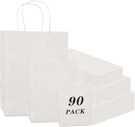 FACEBAG 90-Pack White Kraft Paper Bags with Handles Bulk, Assorted Sizes Gift Bags for Favors Grocery，Retail，Party，Festival，Wedding，Birthday，Shopping，Business，Goody Craft Merchandise Take Out Sacks