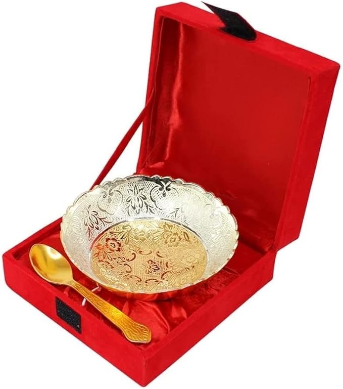 NOBILITY Bowl Spoon Set Dessert Dry Fruits Serving Gold and Silver Plated Diwali Decoration Gift items Christmas Eid Wedding Return Gifts 6 Sets