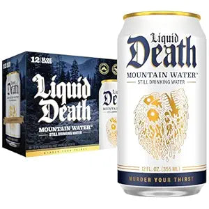 Liquid Death, Still Mountain Water, 12-Pack (12oz Cans), Real Mountain Source, Infinitely Recyclable Ice-Cold Cans, American Made