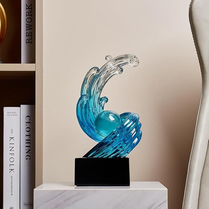 Modern Abstract Decorative Wave Statue, Blue Abstract Art Home Decor,Crystal Ball Art Wave Resin Sculpture, Office Desk Stand, Dining Table Center Decorative Aesthetics(B,Light-Blue)
