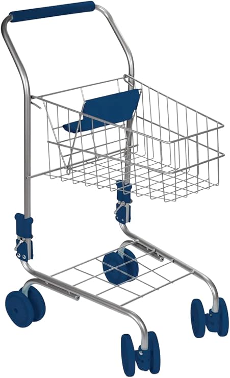 Toysmith Miniature Grocery Shopping Cart – Metal Pretend Trolley for Kids Ages 3+ – Realistic Toy with Sturdy Wheels, Folding Design & Storage – Toddler Role Play Supermarket Accessory, Blue