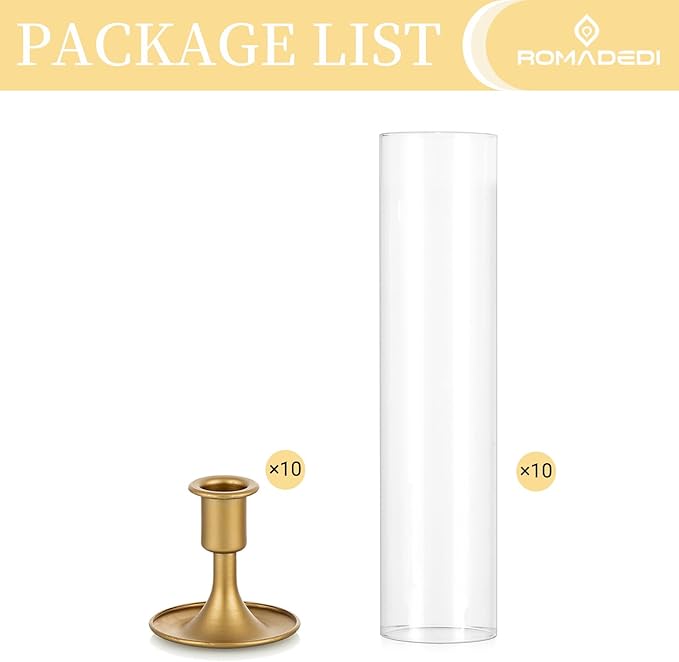 Romadedi Hurricane Candlestick Holders Gold - 10 Pcs Taper Candle Holders Bulk Tall Clear Glass Cylinder for Wedding Table Centerpieces Party Decor Birthday Christmas Home Decorations