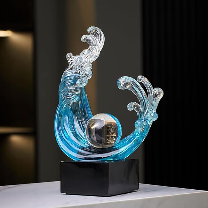 Modern Abstract Decorative Style Statue, Blue Abstract Art Home Decor,Crystal Circular Art Wave Resin Sculpture, Office Desk Stand, Dining Table Center Decorative Aesthetics (A,Light-Blue)