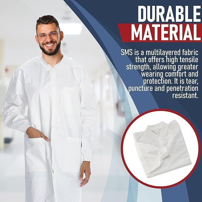 Case of 50 Disposable Lab Coats - Blue - With 3 Pockets and Soft Knit Cuffs & Collar | SMS Unisex Knee Length Medical Lab Jacket, For Hospitals, Pharmacies, Laboratories, Dental Clinics - Extra Large