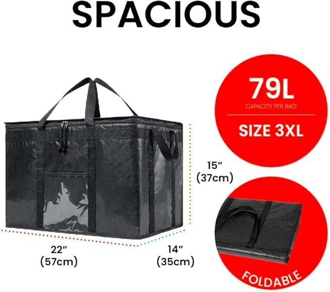 Durable PRO Insulated Cooler Bag and Food Warmer (3XL, 4 pack) for Delivery & Grocery Shopping with Zippered Top, Black Commercial Grade
