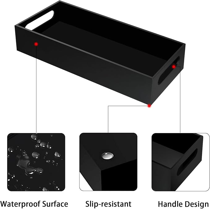 Tasybox Toilet Paper Holder with Storage, Acrylic Toilet Tank Tray, Black Bathroom Trays with Handles Vanity Tray for Home Decor