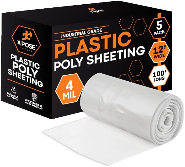 Xpose Safety Clear Plastic Sheeting 5 Pack – 12' x 100' Rolls – Heavy Duty 4 Mil Poly Sheet – Waterproof, Dustproof, Vapor Barrier – for Construction, Painting, Industrial Use