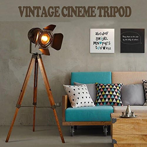 Decoluce Vintage Tripod Floor Lamp, Height Adjustable Wooden Camera Tripod Rotatable Spotlight Tall Standing Light, Nostalgic Cinema Lamps for Living Room, Bedroom, Studios Decor(Black)