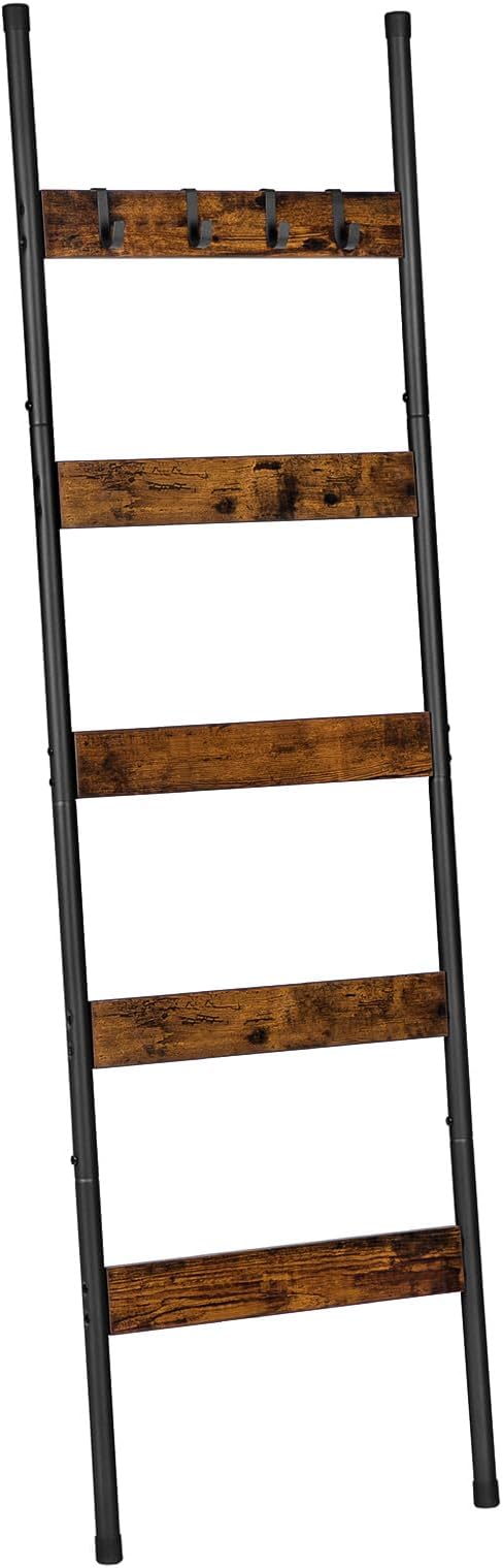 HOOBRO Industrial 5-Tier Wall-Leaning Blanket Ladder, Rustic Brown and Black BF52CJ01