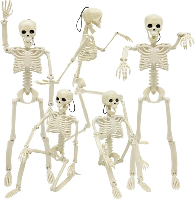 WODMAZ 5 Packs Halloween Skeletons, 16" Halloween Full Body Skeleton with Posable Joints for Haunted House Graveyard Props Decor