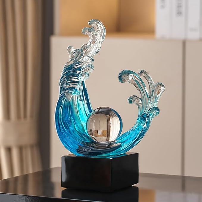 Modern Abstract Decorative Style Statue, Blue Abstract Art Home Decor,Crystal Circular Art Wave Resin Sculpture, Office Desk Stand, Dining Table Center Decorative Aesthetics (A,Light-Blue)