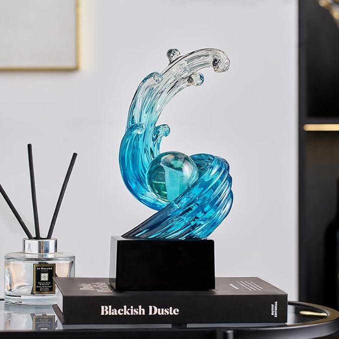 Modern Abstract Decorative Wave Statue, Blue Abstract Art Home Decor,Crystal Ball Art Wave Resin Sculpture, Office Desk Stand, Dining Table Center Decorative Aesthetics(B,Light-Blue)