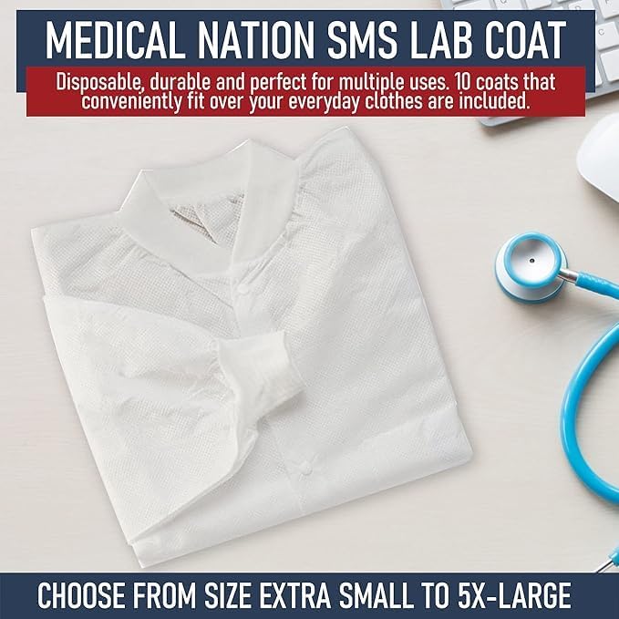 Case of 50 Disposable Lab Coats - Blue - With 3 Pockets and Soft Knit Cuffs & Collar | SMS Unisex Knee Length Medical Lab Jacket, For Hospitals, Pharmacies, Laboratories, Dental Clinics - Extra Large
