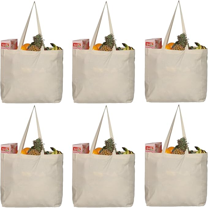 Greenmile 6 Pack Canvas Reusable Grocery Bags - Cotton Canvas Grocery Bag Cloth Shopping Tote With Long Handles Bulk - Heavy Duty Grocery Tote Bag - Large, Foldable and Lightweight - Capacity 40 lbs