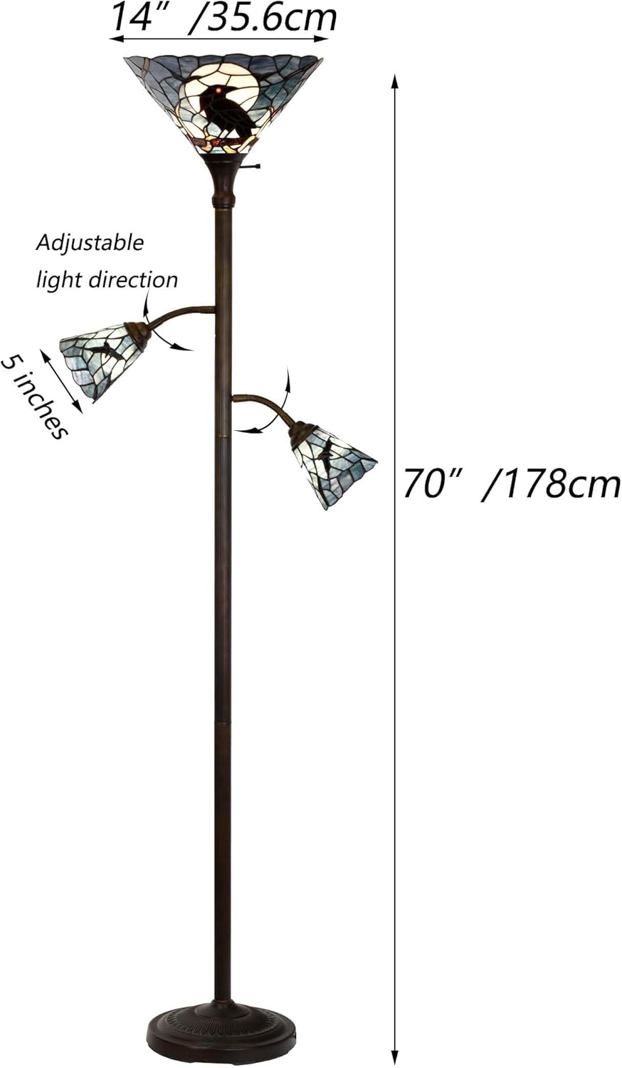 Bieye L10957 Raven Sitting on Bare Tree Branch in Full Moon Night Tiffany Style Stained Glass Torchiere Floor Lamp with Sidelights for Reading Home Decor, 70-inches Tall (Dark Blue)