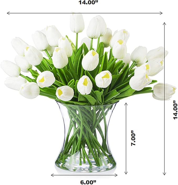 ENOVA FLORAL 40 Heads White Artificial Tulips With Vase, Real Touch Fake Flowers, Floral Arrangement for Dining Table, Home Decoration, Wedding Centerpieces