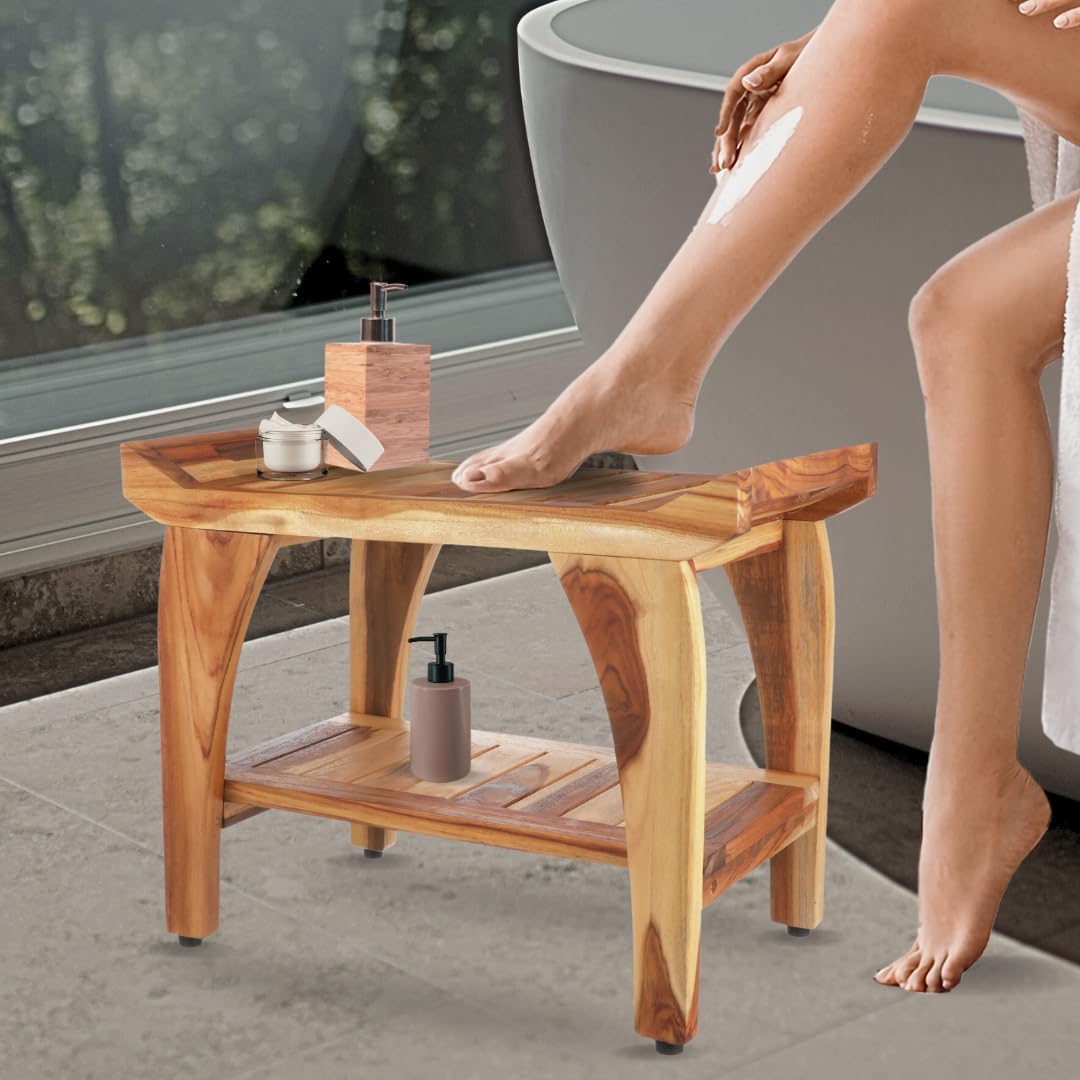 EcoDecors 24 Inch Tranquility Natural Color Waterproof Teak Wood Shower Bench Stool Seat Chair For Inside Shower Storage Shelf Provides Safety, Storage, and Organization For Bathroom Accessories