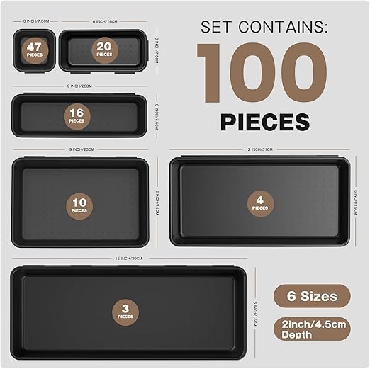 【Fits 100+ Tools】A-LUGEI【100-Piece 6-Size】 Tool Organizer Tray Set - Black Plastic Drawer Dividers for Garage Cabinets, Rolling Tool Chests, Workbenches & Office Storage.