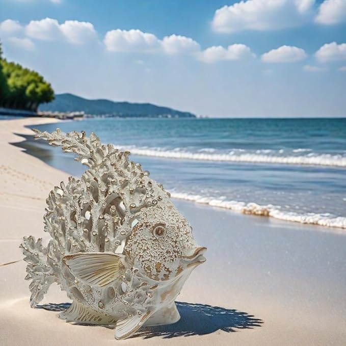 VVGIFTS Beach Coastal Decor Coral Reef Angelfish Home Office Desk Decor Sculpture Statue for Tabletop Shelf Bathroom Decoration Ornament Gift (White)
