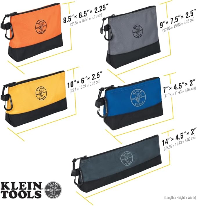 Klein Tools 55569 Stand-Up Zipper Bag Tool Pouch with Carabiners, Reinforced Gusseted Bottoms, Water Resistant 1680d, Multi-Size 5-Pack