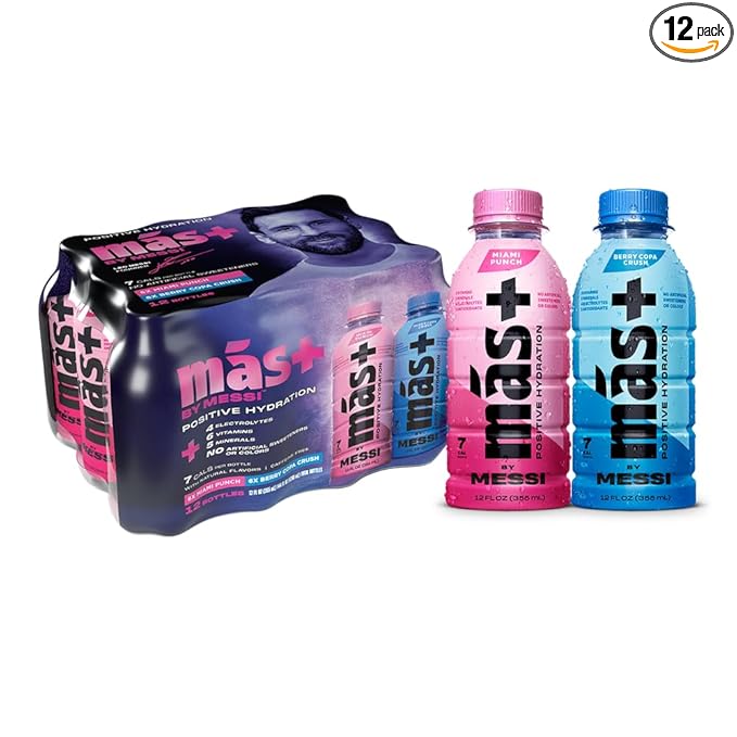 Más+ By Messi 12oz Miami Punch & Berry Copa Crush Multi Pack Sports Drink & Hydration Beverage, Natural Flavors with Vitamins and Electrolytes, No Artificial Sweeteners or Colors, 12-pack