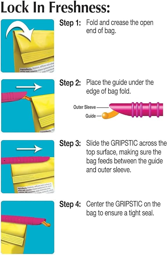 GripStic Bag Sealer - Reusable Chip Clips, Bag Clips. Patented. Airtight & Waterproof Seal on Food Storage Bags, Kids Snacks & More. Near Zero Waste. 12ct XLarge