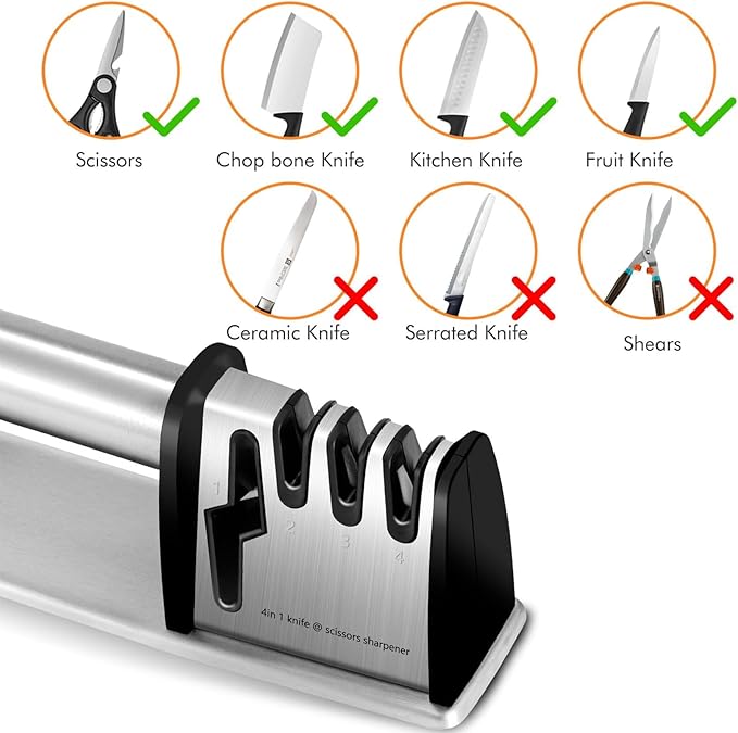 Knife Sharpeners, 4 in 1 Professional Chef's Kitchen Knife Accessories, Kitchen Blade & Scissors Sharpening Tool, Manual Knife Sharpener for Kitchen Knife