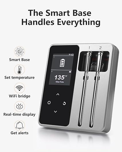 Digital Meat Cooking Thermometer with 2 Probes, Wireless Bluetooth Smart Instant Read with App Control, High-Temperature Resistant Oven Thermometer for BBQ Smoker Rotisserie, Grilling Gifts for Men