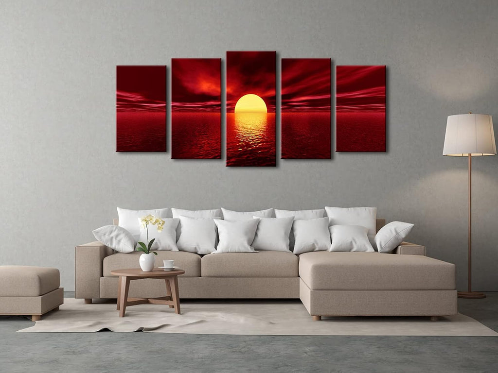 Wieco Art Red Sun Large Modern 5 Panels Seascape Sea Giclee Paintings Canvas Prints Wall Art Gallery Wrapped Pretty Ocean Sunset Pictures Artwork for Kitchen Bathroom Home Office Decoration