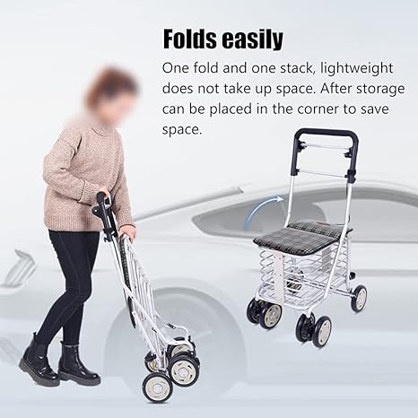 Foldable Shopping Cart for Elderly, Walker Rollator with Seat, Brake, Foam Handle & Storage Basket, Grocery Cart for Seniors, Holds 100Kg/220Lbs