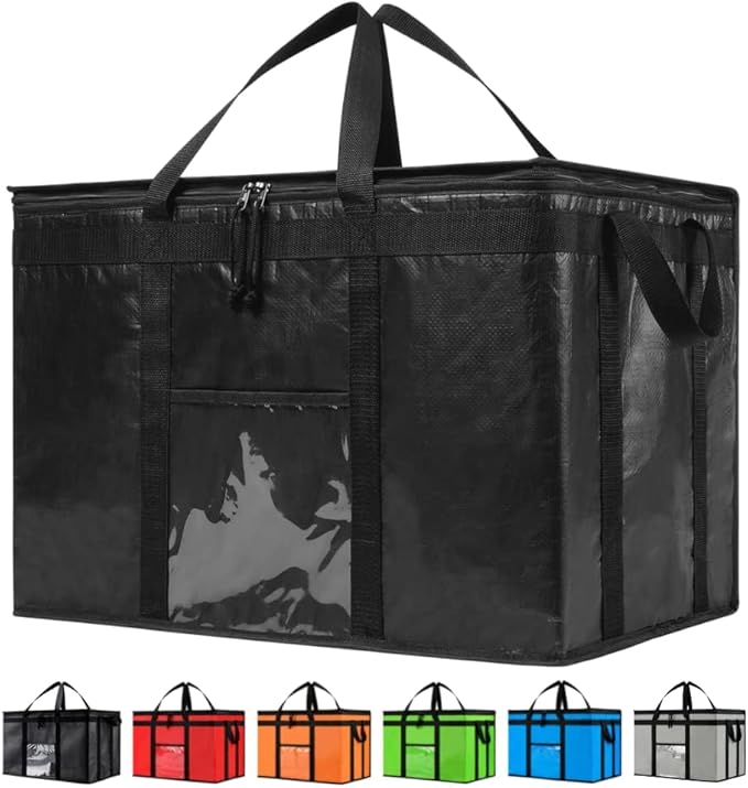 Durable PRO Insulated Cooler Bag and Food Warmer (3XL, 4 pack) for Delivery & Grocery Shopping with Zippered Top, Black Commercial Grade