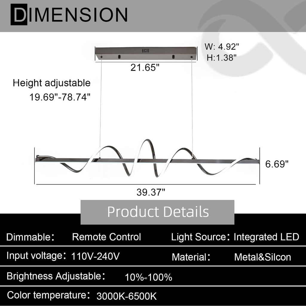 Black Modern Chandelier,Modern Led Pendant Light for Kitchen Island Lighting Dimmable 39.73" Creative Snake-Shaped Twist Design Modern Led Chandelier for Dining Room Over Table