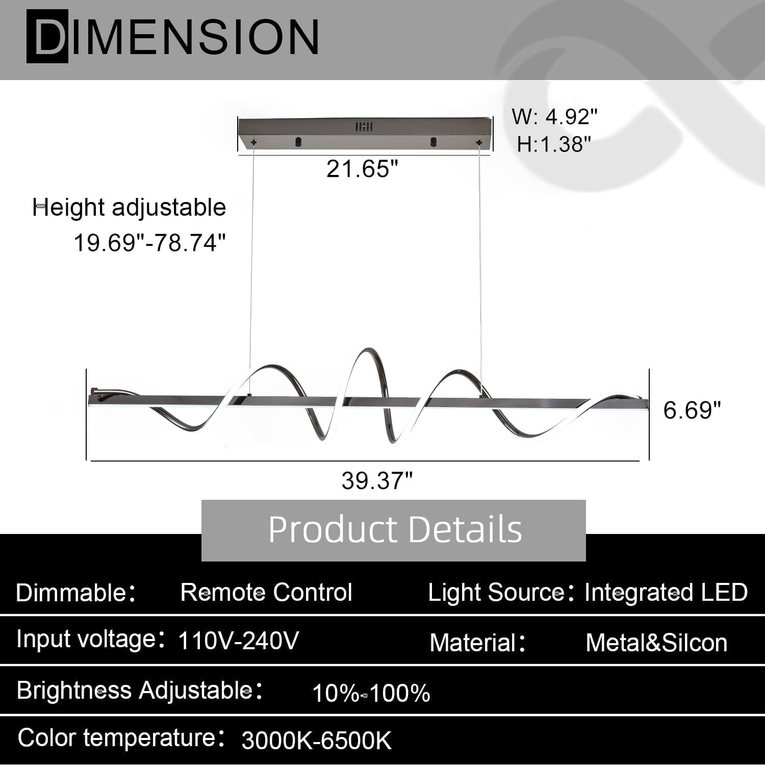 Black Modern Chandelier,Modern Led Pendant Light for Kitchen Island Lighting Dimmable 39.73" Creative Snake-Shaped Twist Design Modern Led Chandelier for Dining Room Over Table