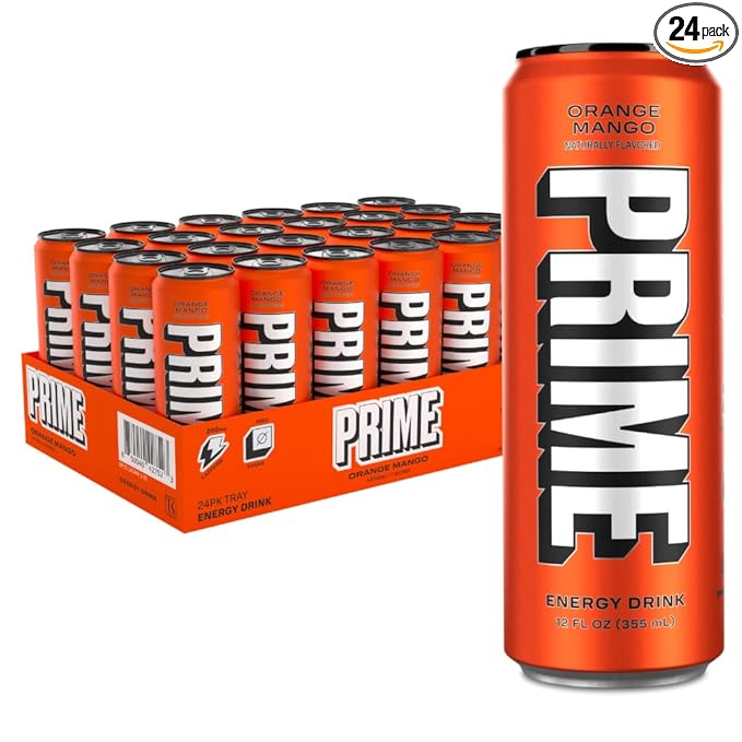 PRIME Energy ORANGE MANGO | Zero Sugar Energy Drink | Preworkout Energy | 200mg Caffeine with 355mg of Electrolytes and Coconut Water for Hydration| Vegan | Gluten Free |12 Fluid Ounce | 24 Pack