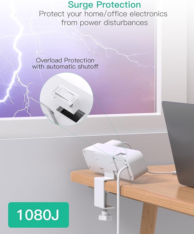 PD30W Desk Clamp Power Strip, Desktop Mount Surge Protector, Fast Charging Station, 5Ft Extension Cord Desk Edge Mount Shelf with 4 Outlets 4 USB Ports (2 USB C), Home Office Accessories Essentials